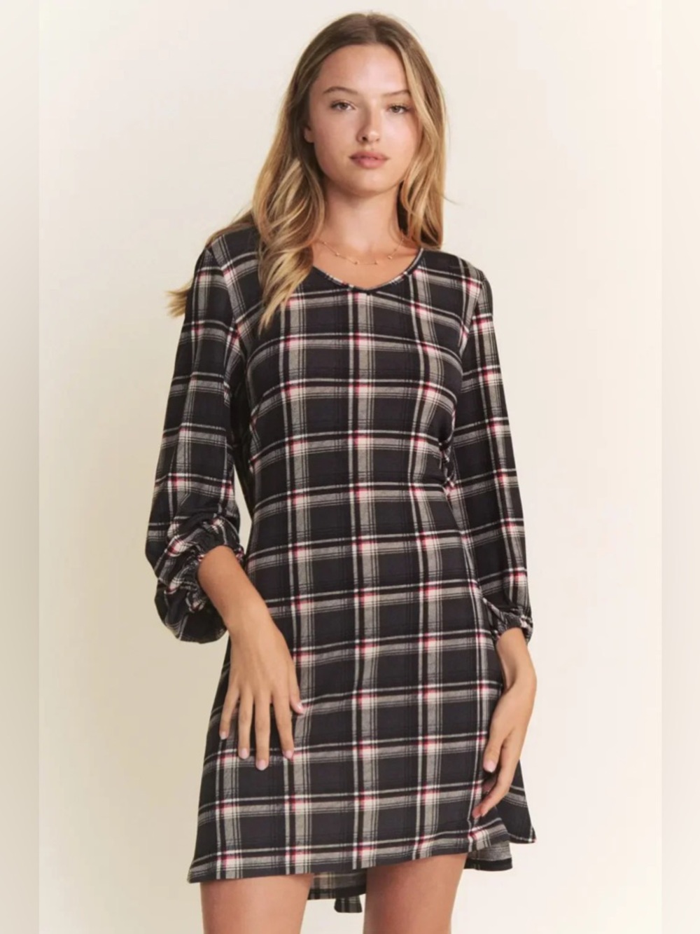 NWT SIZE 1X Plaid Midi Shift Dress in Black and White with Pink Accents